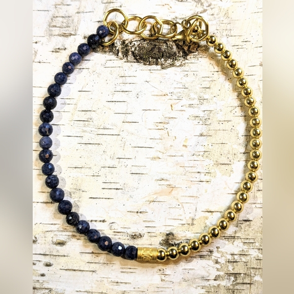 Natural Blue Sapphire and Gold Beads In Assymetrical Gold Plated Necklace Choker - Picture 6 of 7